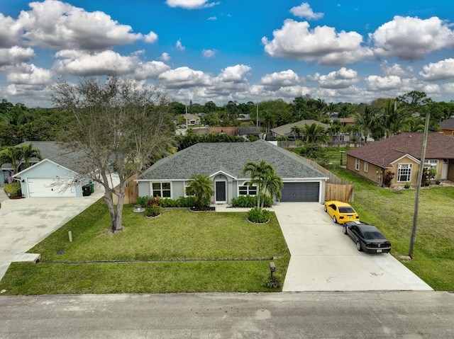 single story home with concrete driveway, roof with shingles, an attached garage, and a front lawn