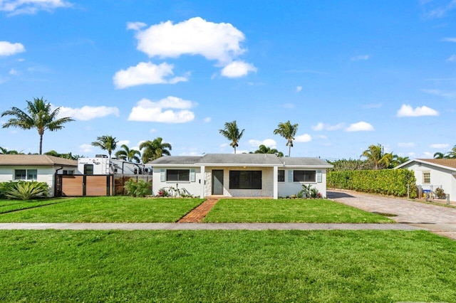 single story home featuring driveway, a front yard, and fence