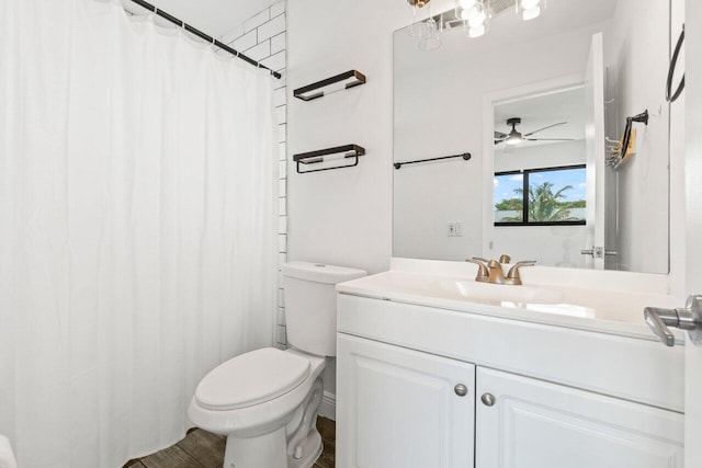 bathroom featuring a shower with curtain, vanity, and toilet