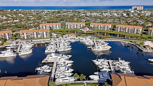 drone / aerial view featuring a water view