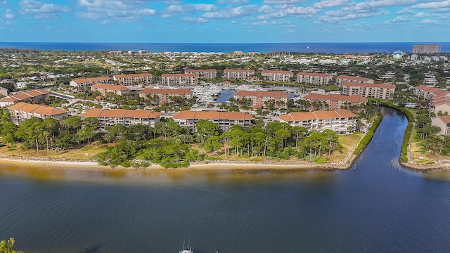 drone / aerial view featuring a water view