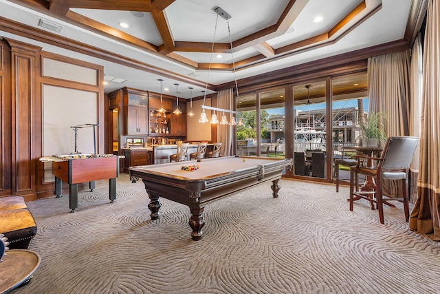 rec room with visible vents, carpet floors, indoor wet bar, coffered ceiling, and billiards