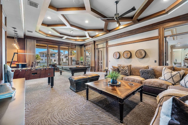 game room with beam ceiling, a ceiling fan, visible vents, and coffered ceiling