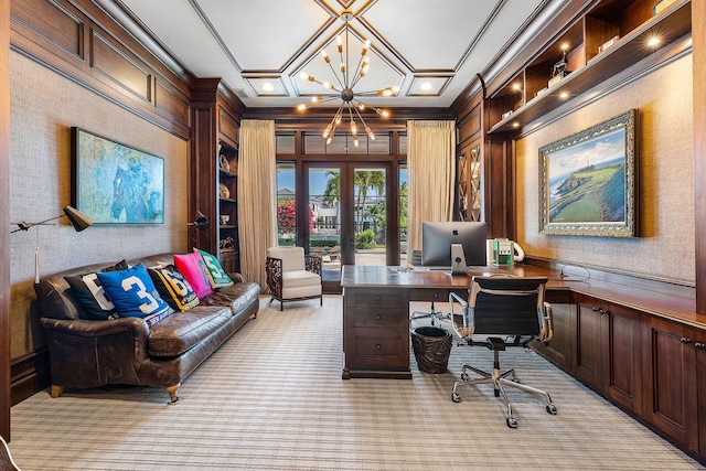 office area featuring french doors, light colored carpet, a chandelier, and ornamental molding