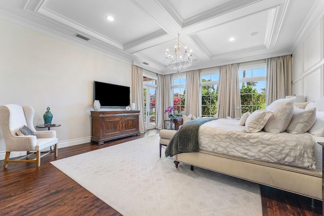 bedroom with crown molding, visible vents, coffered ceiling, and a chandelier