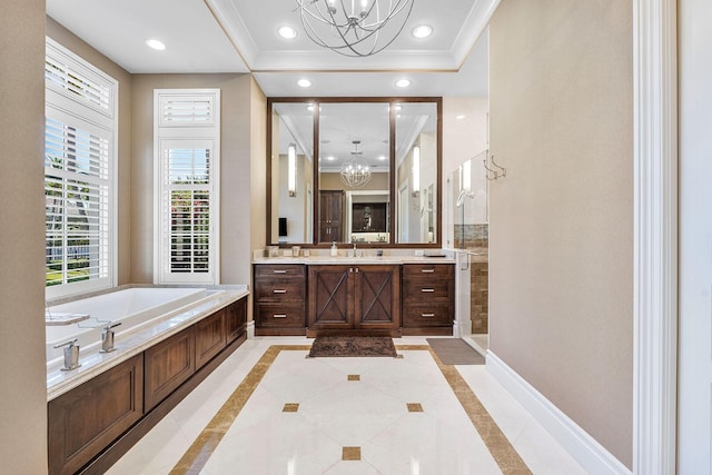 full bath featuring recessed lighting, baseboards, a chandelier, and ornamental molding