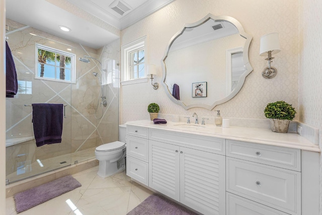 full bath featuring wallpapered walls, a stall shower, crown molding, toilet, and marble finish floor