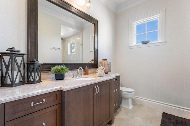 full bath with crown molding, baseboards, toilet, a wealth of natural light, and vanity