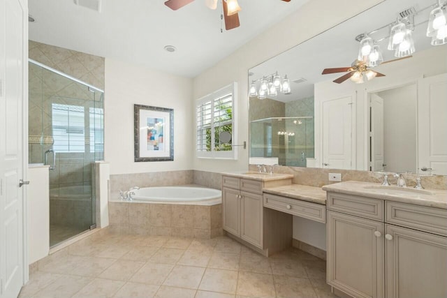 full bathroom featuring tile patterned flooring, a garden tub, a sink, double vanity, and a stall shower