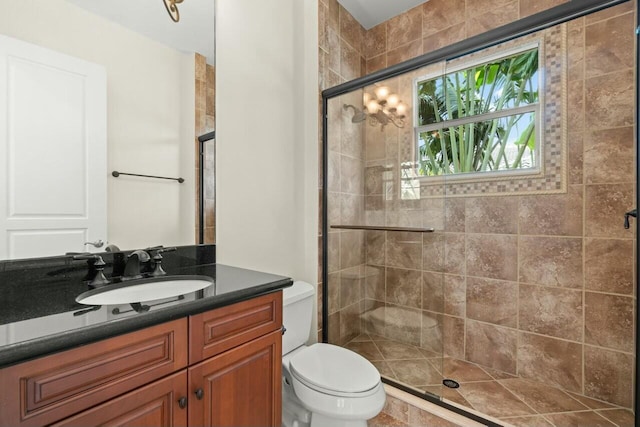 bathroom with toilet, a stall shower, and vanity