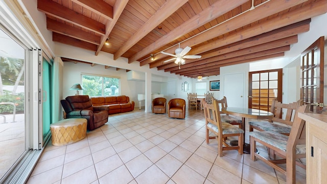 sunroom featuring wooden ceiling, a wall mounted air conditioner, beamed ceiling, and ceiling fan