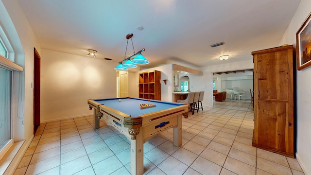 game room with light tile patterned floors, visible vents, and pool table