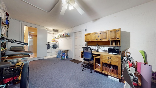 office with ceiling fan and washing machine and clothes dryer