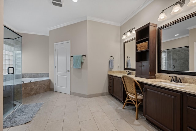 full bath featuring ornamental molding, a bath, a shower stall, double vanity, and tile patterned flooring