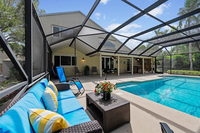 swimming pool featuring an outdoor living space, a patio, a lanai, and ceiling fan