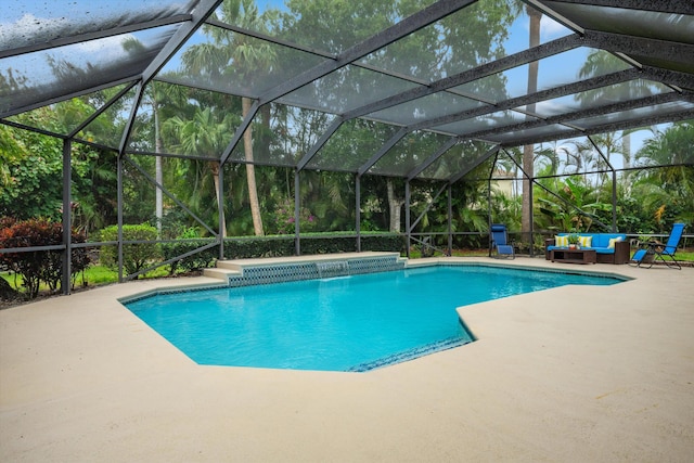 swimming pool with an outdoor living space and a patio area