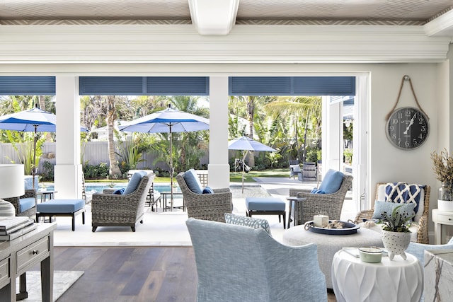 view of patio / terrace featuring a fenced in pool, fence, and an outdoor living space