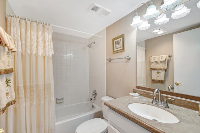 full bathroom featuring visible vents, toilet, shower / bathtub combination with curtain, vanity, and a notable chandelier