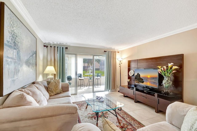 living area with light tile patterned floors, ornamental molding, and a textured ceiling