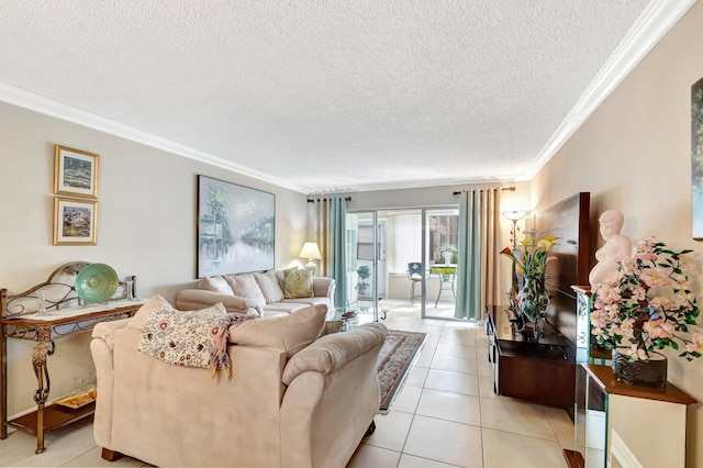 living area with light tile patterned floors, a textured ceiling, and crown molding