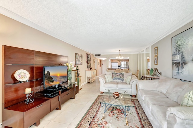 living area featuring crown molding, visible vents, an inviting chandelier, light tile patterned flooring, and a textured ceiling