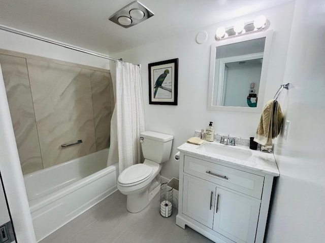 full bath with toilet, shower / bathtub combination with curtain, and vanity