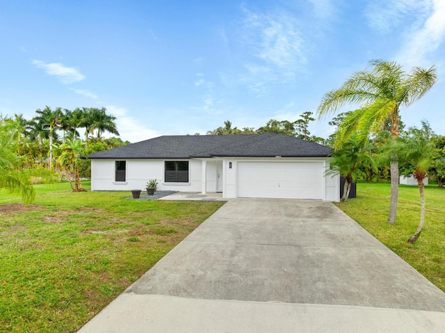 ranch-style home with a garage, a front lawn, concrete driveway, and stucco siding