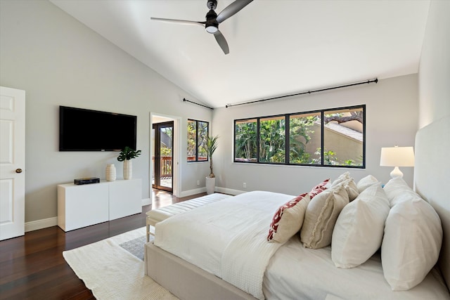 bedroom featuring baseboards, a ceiling fan, access to exterior, and dark wood-style flooring