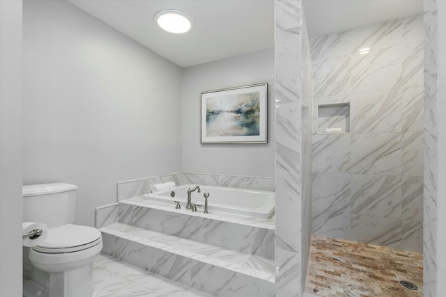 full bathroom featuring toilet, a bath, marble finish floor, and a marble finish shower