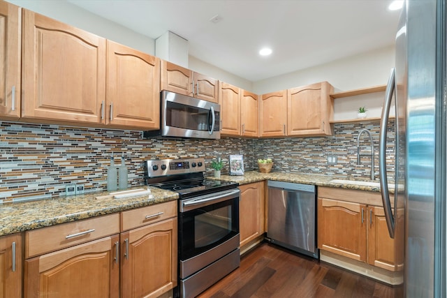 kitchen featuring backsplash, dark wood finished floors, light stone counters, stainless steel appliances, and a sink