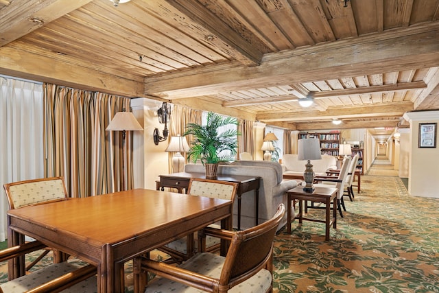 carpeted dining room featuring wood ceiling, beam ceiling, and stairs