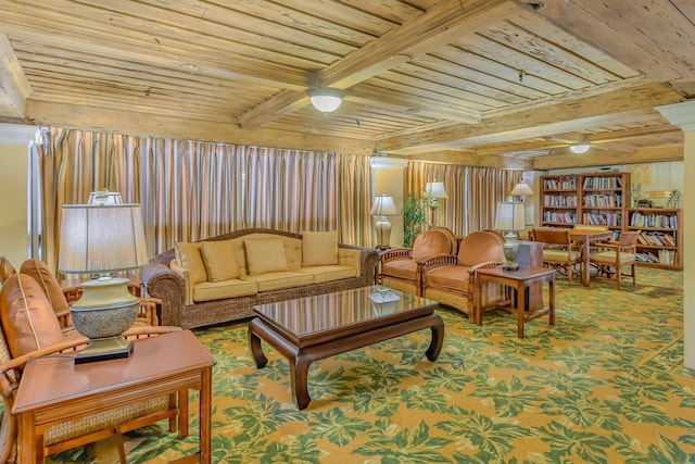 living room featuring wooden ceiling, carpet flooring, and beam ceiling