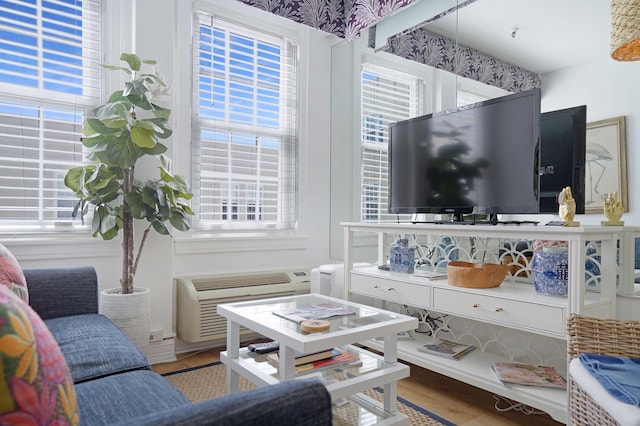 living area with a wall mounted air conditioner and wood finished floors