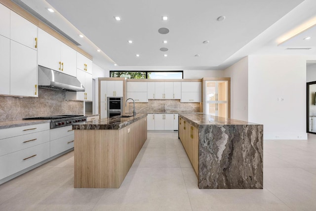 191 W Coconut Palm Rd, Boca Raton, FL 33432 - kitchen featuring under cabinet range hood, stainless steel appliances, a spacious island, a sink, and backsplash
