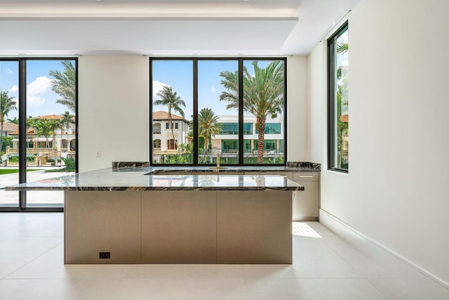 191 W Coconut Palm Rd, Boca Raton, FL 33432 - kitchen featuring dark stone counters, a peninsula, and expansive windows