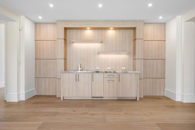 191 W Coconut Palm Rd, Boca Raton, FL 33432 - kitchen with light brown cabinetry, modern cabinets, baseboards, light wood finished floors, and recessed lighting