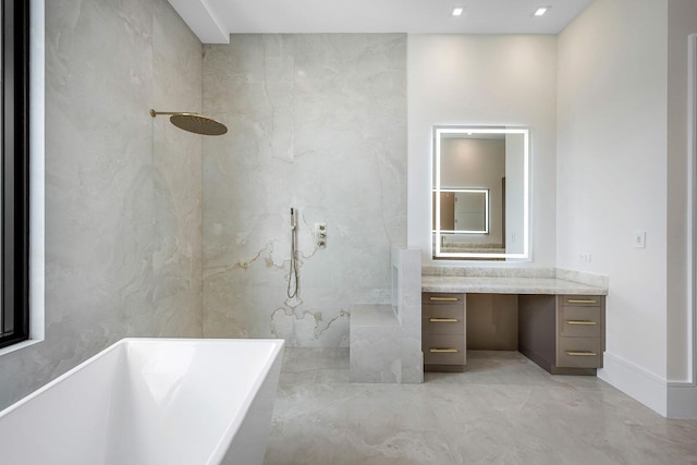 191 W Coconut Palm Rd, Boca Raton, FL 33432 - bathroom with vanity, a marble finish shower, a freestanding tub, and marble finish flooring