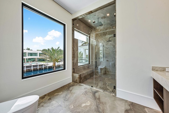 191 W Coconut Palm Rd, Boca Raton, FL 33432 - bathroom featuring marble tiled flooring, a marble finish shower, toilet, and vanity
