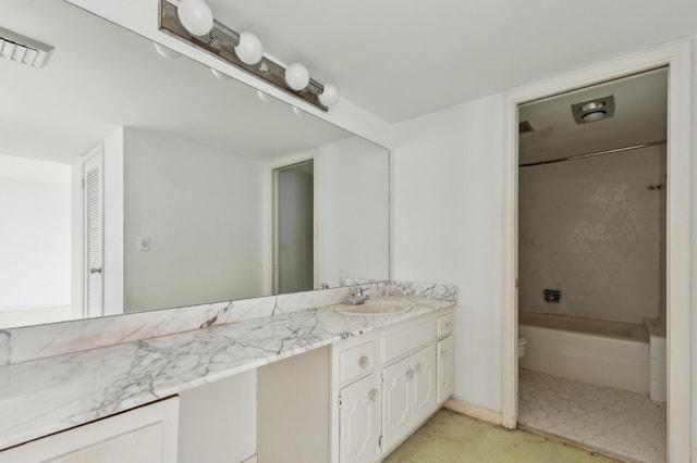 full bath featuring visible vents, toilet, bathtub / shower combination, and vanity