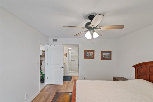 bedroom featuring visible vents, baseboards, a ceiling fan, connected bathroom, and light wood-style floors