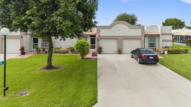 view of front facade with a garage, driveway, a tiled roof, and stucco siding