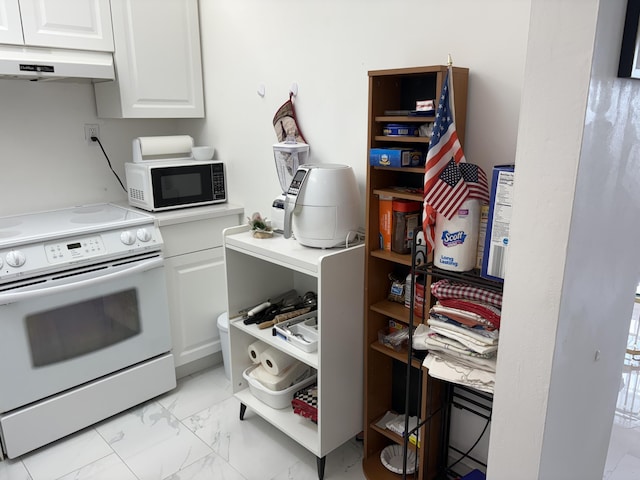 kitchen with marble finish floor, open shelves, white range with electric cooktop, white cabinetry, and under cabinet range hood