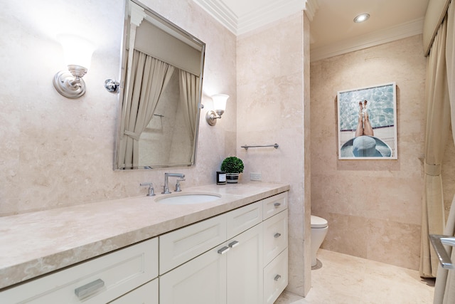 bathroom with recessed lighting, vanity, ornamental molding, and toilet