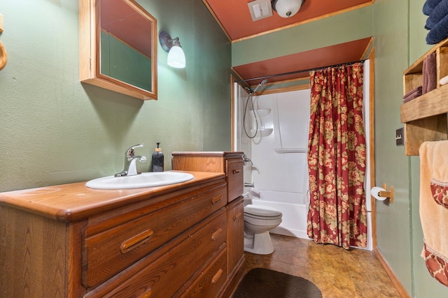 bathroom featuring shower / bathtub combination with curtain, toilet, and vanity