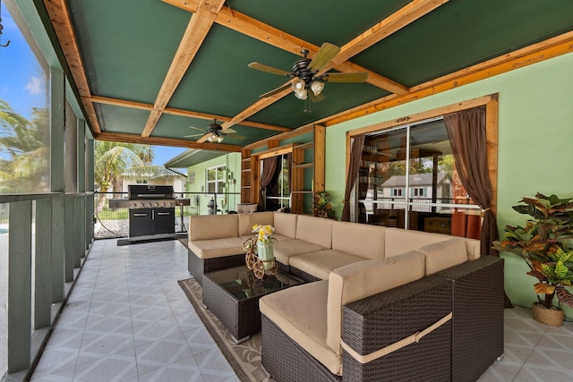 view of patio featuring ceiling fan, an outdoor hangout area, and area for grilling