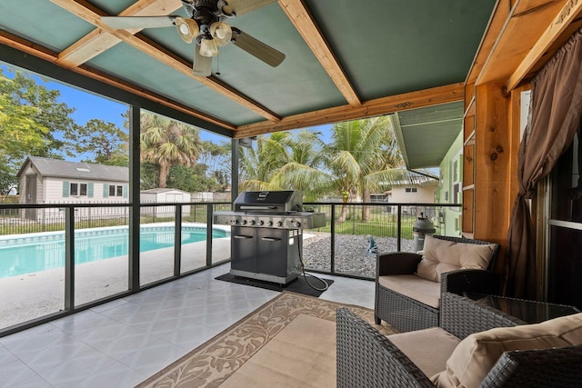 exterior space featuring a ceiling fan, a patio area, an outdoor living space, and area for grilling