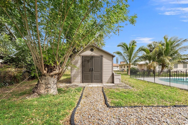 view of shed featuring fence and a fenced in pool