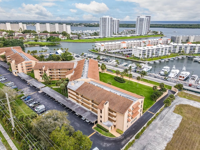 aerial view with a water view and a view of city