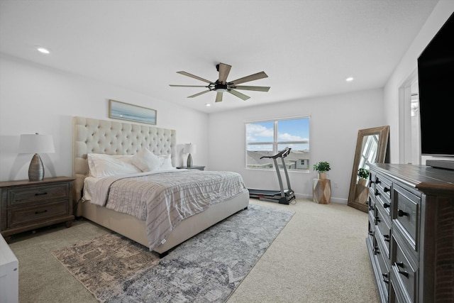 bedroom with a ceiling fan, recessed lighting, light colored carpet, and baseboards