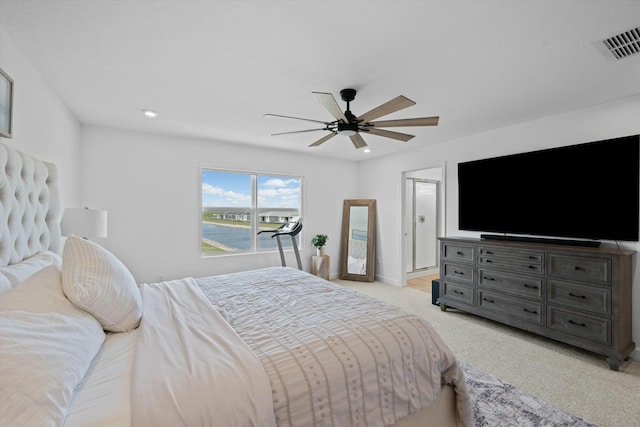 bedroom with recessed lighting, visible vents, light carpet, ceiling fan, and baseboards